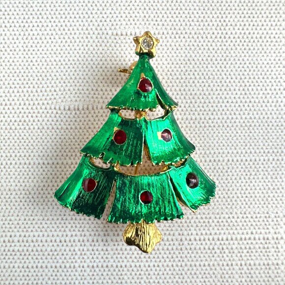 Vintage Christmas Tree Brooch Green & Red Enamel W/ Clear Rhinestone Star Topper - Picture 9 of 11